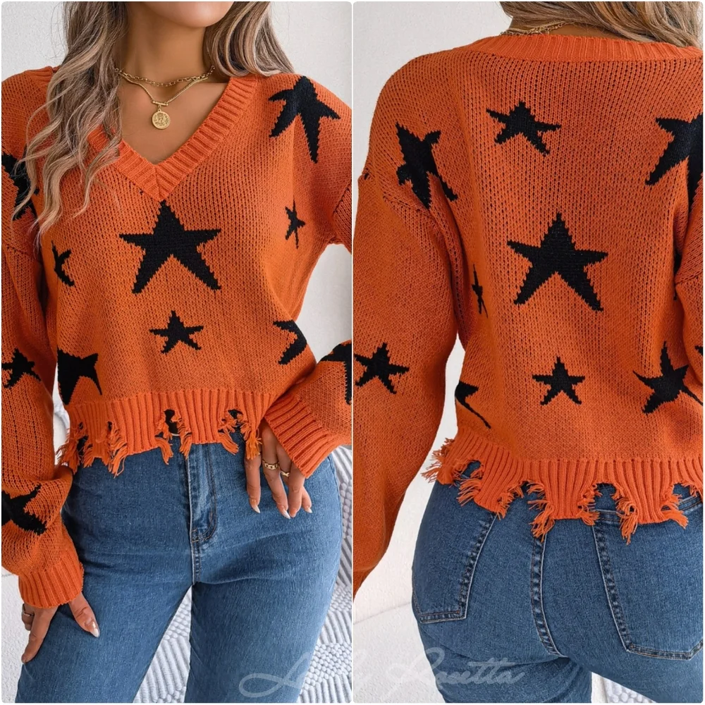 V-Neck Cropped Sweater with Star Pattern & Distressed Hem